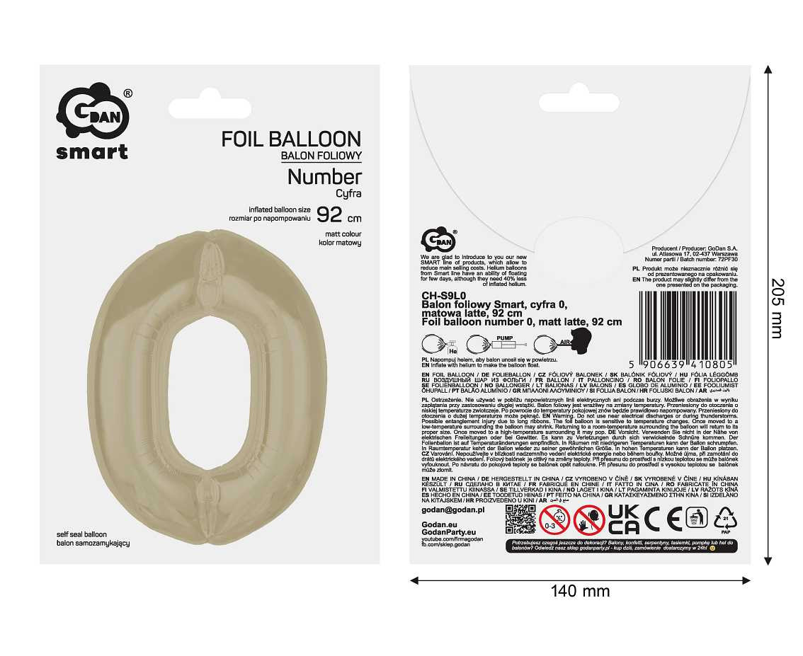 Foil balloon number 0, matt latte, 92 cm EOL